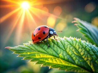 Vibrant ladybug perches on a delicate green leaf, showcasing its intricate details against a soft, blurred natural backdrop of gentle foliage and warm sunlight.