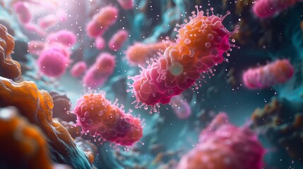 Fototapeta premium A digital artwork depicting the microbial world, showcasing a cluster of vibrant, colorful bacteria in a close-up view.