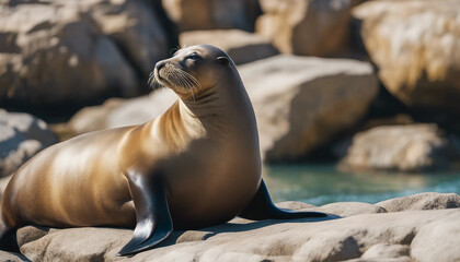 Obraz premium A sea lion basking on the rocks, bright midday 