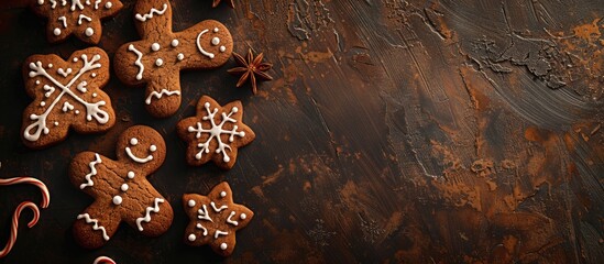 Homemade gingerbread cookies with a festive Christmas theme ideal for a postcard or invitation with space for text or images. Copy space image. Place for adding text and design