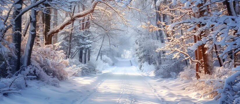 Snow covered forest path suitable for winter and holiday themed cards with selective focus perfect for a copy space image