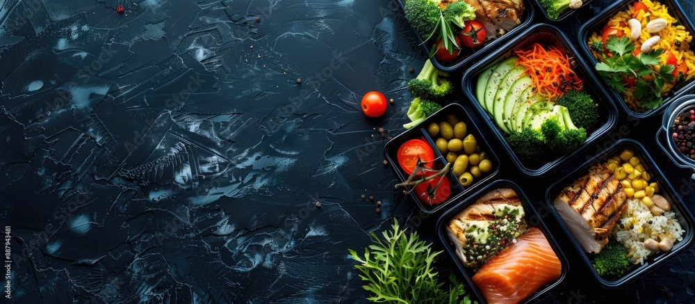Poster black background with a top down view of boxed fitness meals for delivery providing a balanced diet 