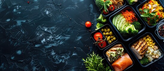 Black background with a top down view of boxed fitness meals for delivery providing a balanced diet with space for text or images. Copy space image. Place for adding text and design