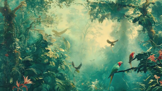 Vintage wallpaper of rainforest canopy with jaguars and parakeets, pastel color, oil painting style. 