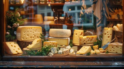 Cheese display in a rustic shop window. Variety of cheeses of different shapes and sizes. Perfect for food blogs and culinary content. High quality stock photo. AI