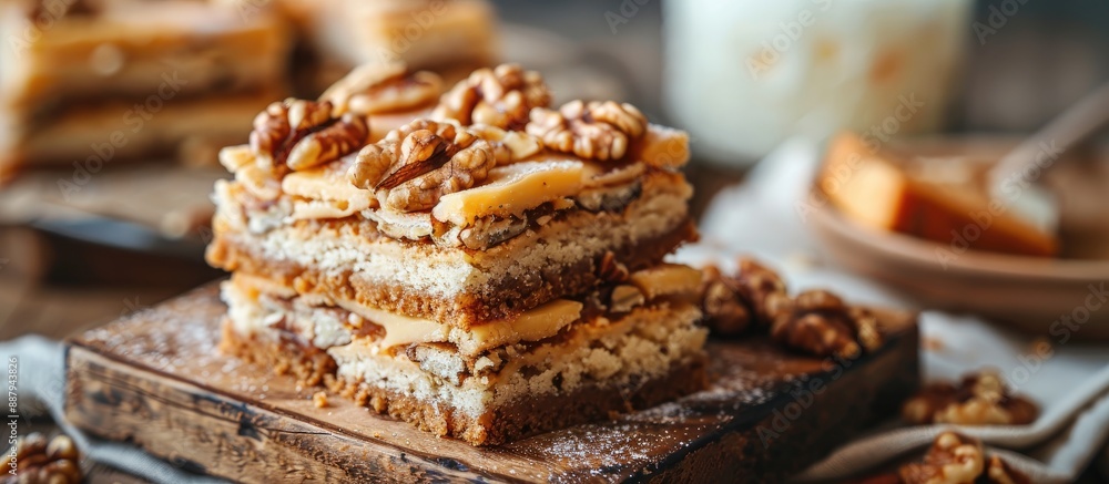 Poster close up view of a stack of walnut topped square pie slices on a wooden board next to a sponge cake 