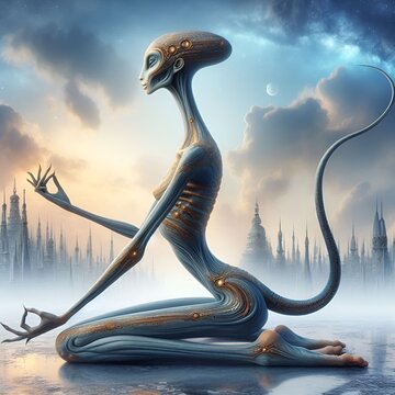 An Alien in a proportionately Meditative Yoga Pose