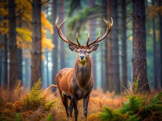 Fototapeta premium Majestic brown deer stands alert in autumn forest landscape surrounded by pine trees and grass, showcasing impressive antlers in a serene wilderness portrait.