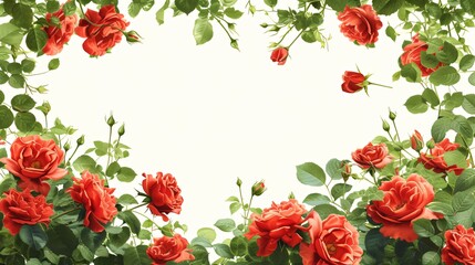 Frame made from red rose flowers on white background. Love and passion. Romantic template for design greeting card, banner, poster for Valentine's day, Mother’s Day, Woman’s day