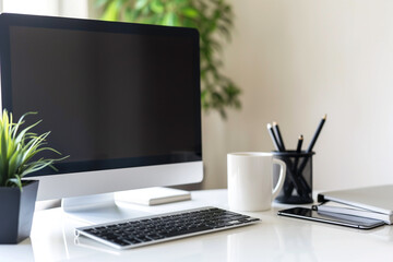 A sleek modern desk with a minimalist design. Remote work workplace