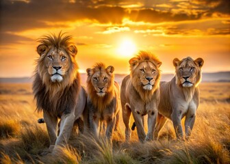 Majestic lions stand proudly in the savanna, bathed in warm golden light, as the setting sun casts a serene atmosphere over the majestic wild animals in nature.