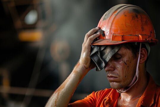 A construction worker in an orange uniform wipes sweat off his forehead with a cloth, helmet on head, exemplifying hard work and dedication in a demanding work environment.