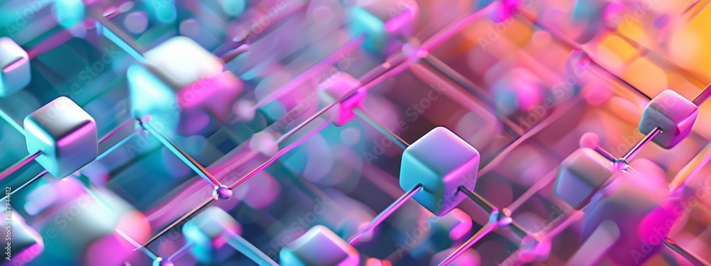 Poster an abstract structure with neon lights blends art and technology, creating a vibrant 3d pattern full