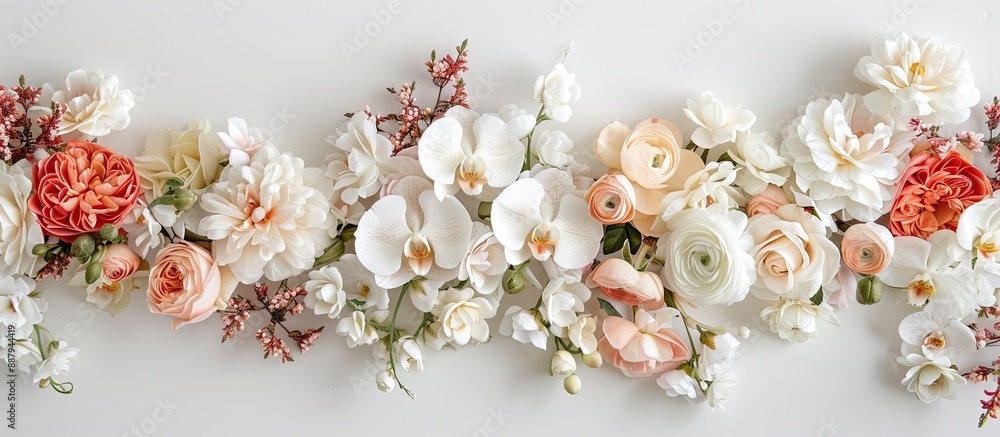 Poster flat lay top view of a floral arrangement with roses orchids and ranunculus flowers forming a frame 