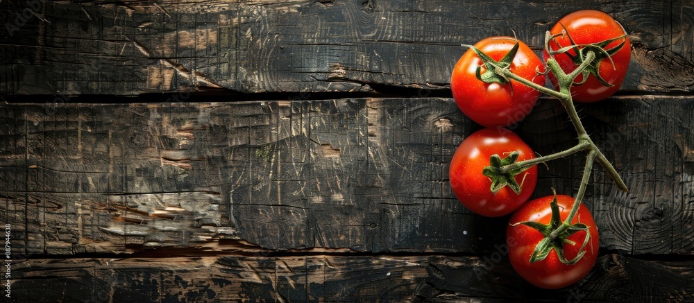 Poster three ripe red tomatoes arranged attractively on a rustic dark wooden table with space for text or o