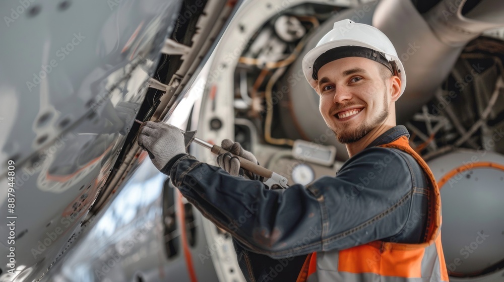 Poster a man in a hard hat and orange vest is smiling while working on an airplane