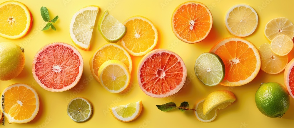 Poster various citrus fruit slices including orange lemon lime and grapefruit floating above a yellow backd