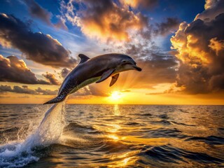 Fototapeta premium Vibrant sunset casts a golden glow on a dolphin's sleek body as it majestically jumps out of the ocean, splashing water in mid-air, pure freedom.