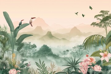Vintage wallpaper of rainforest with exotic birds, trees and mountains in pastel colors. mural art style 
