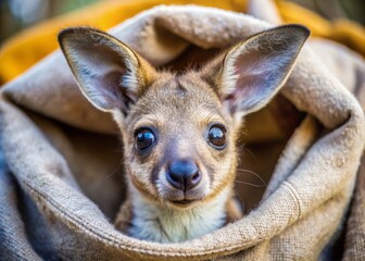 Adorable baby kangaroo peers out from cozy pouch, soft fur and big round eyes captivating, in a...