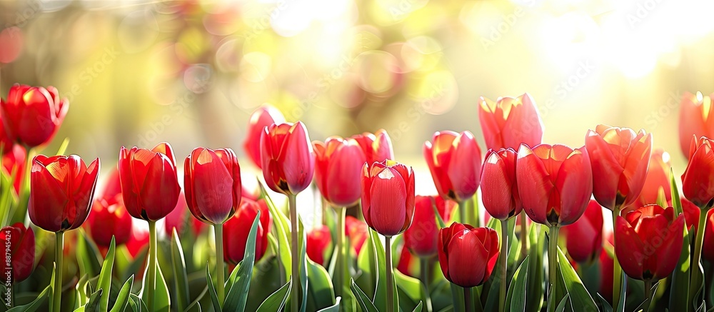 Poster a picturesque spring scene of a lush field full of vibrant red tulip flowers with ample copy space f