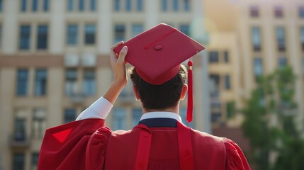 Back view of a graduated student in a graduation red gown and cap at university