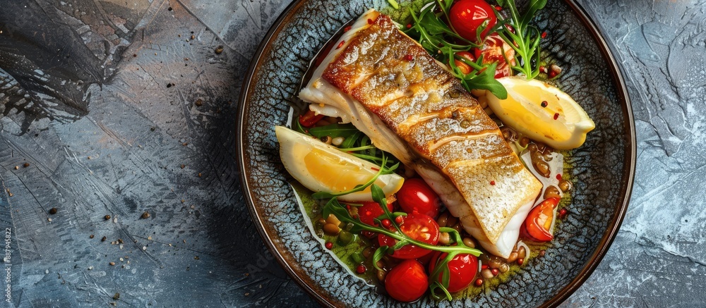 Poster fried hake fillet as a seafood main course option on a pescatarian menu with a food background in a 