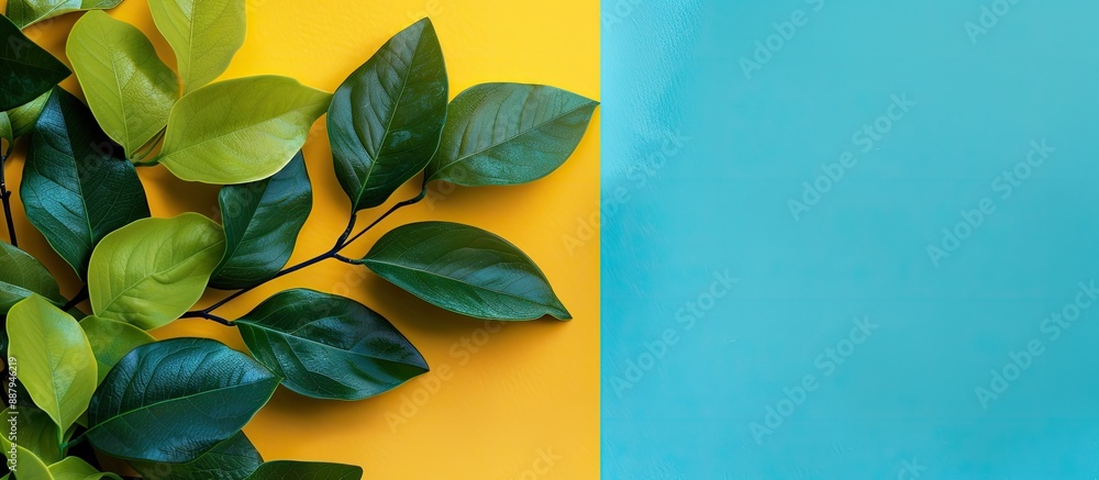Canvas Prints green leaves set on blue and yellow backdrop with copy space image