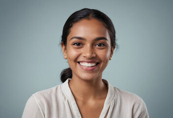 Fototapeta premium Portrait view of a regular happy smiling Fiji woman, ultra realistic, candid, social media, avatar image, plain solid background