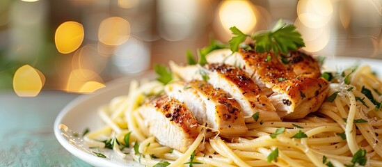A plate of fresh chicken breast spaghetti typical of Italian cuisine presented in a visually appealing manner with a background suitable for adding text or other elements a copy space image