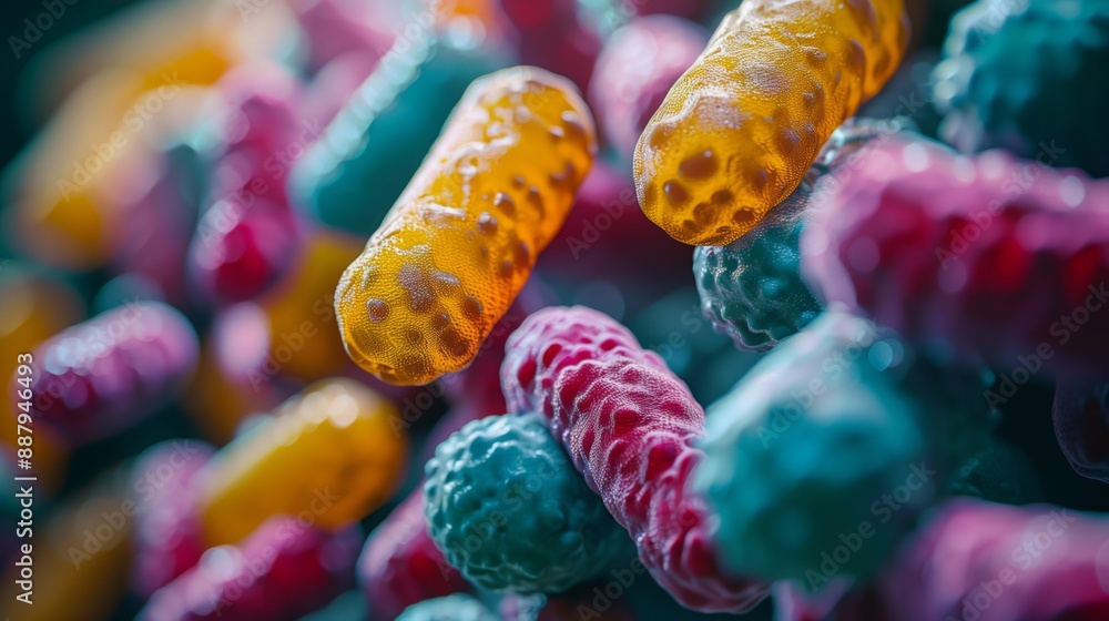 Poster a close-up view of colorful microorganisms, highlighting their potential use in developing new techn