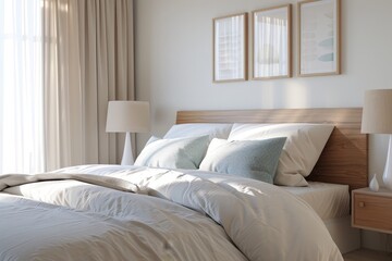 Tranquil Minimalist Bedroom with Neatly Made Bed and Soft Color Palette
