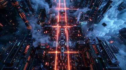 Obraz premium Futuristic Cityscape with Red Glowing Lines