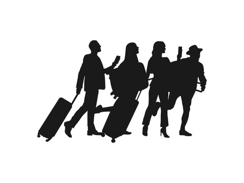 travelers with suitcases silhouettes vector. Traveler with Travel Suitcase icon vector. Traveler with Travel Suitcase silhouette. Black silhouettes travelers with suitcases on white background. 