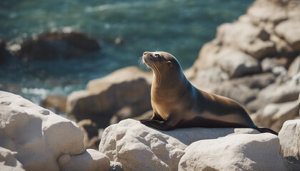 Fototapeta premium A sea lion basking on the rocks, bright midday 