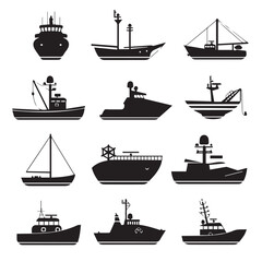 Design very stylish black pictograms that represent ship items icon set.flat. Simple. White background.