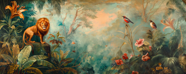 Vintage wallpaper of rainforest with lions and songbirds, pastel color, oil painting style. 