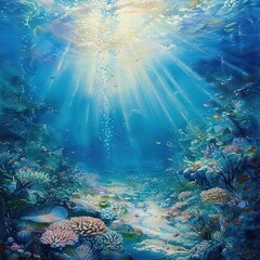 ethereal underwater seascape bathed in soft blue sunlight with shimmering rays piercing through crystalclear waters illuminating vibrant coral reefs and graceful marine life