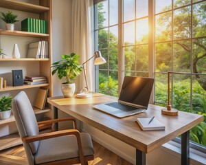 Fototapeta premium A modern quiet study room with a computer and notebooks on a wooden desk, surrounded by calm atmosphere and soft natural light, conveying focused academic work.