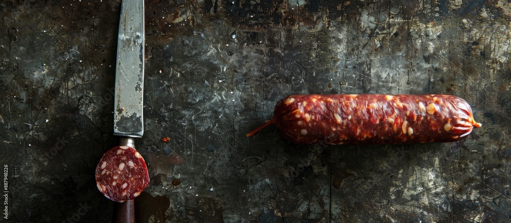 Poster A sausage on a knife against a stone backdrop ideal for adding text with a copy space image