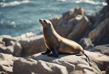 Fototapeta premium A sea lion basking on the rocks, bright midday 