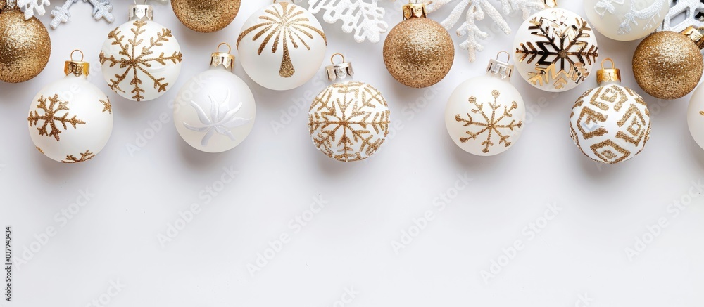 Poster christmas ornaments featuring snowflake motifs on a blank white backdrop create a festive copy space