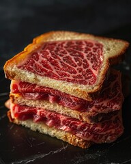 Obraz premium Stacked sandwiches with marbled raw meat