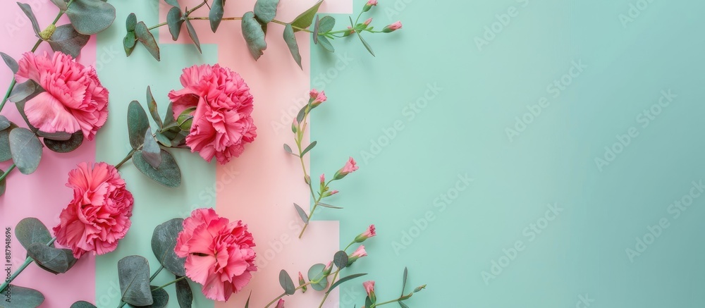 Poster a square frame composed of pink carnation blooms fresh green eucalyptus twigs set against a pastel b