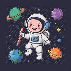 Fototapeta premium cute white cartoon astronaut flying in zero gravity space wallpaper