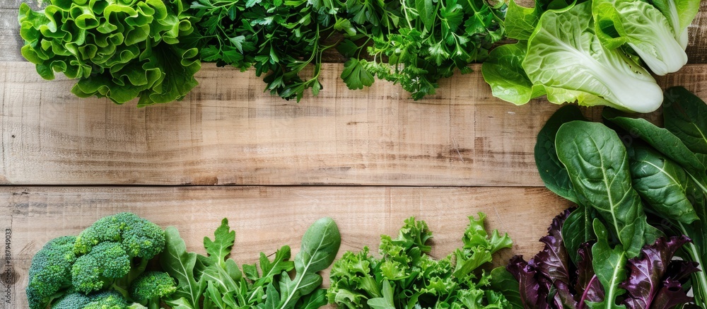 Aufkleber top down view of fresh green veggies bordering a blank cutting board for a product or text placement