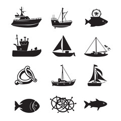 Design very stylish black pictograms that represent ship items icon set.flat. Simple. White background.
