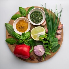 Spices and ingredients for cooking from a bird's eye view, natural cuisine with fiber and vitamins