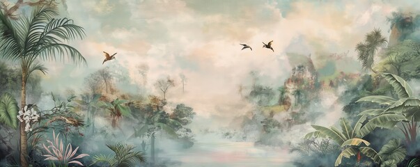 Vintage wallpaper of rainforest with pastel colors, featuring birds and deer in the background, oil painting. 