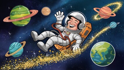 Naklejka premium cute white cartoon astronaut flying in zero gravity space wallpaper